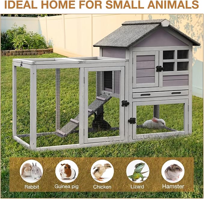 Aivituvin Rabbit Hutch 51.6''L Chicken Coop Outdoor with Run, Bunny House Guinea Pig Cage with Waterproof Roof and No Leak Tray, Grey