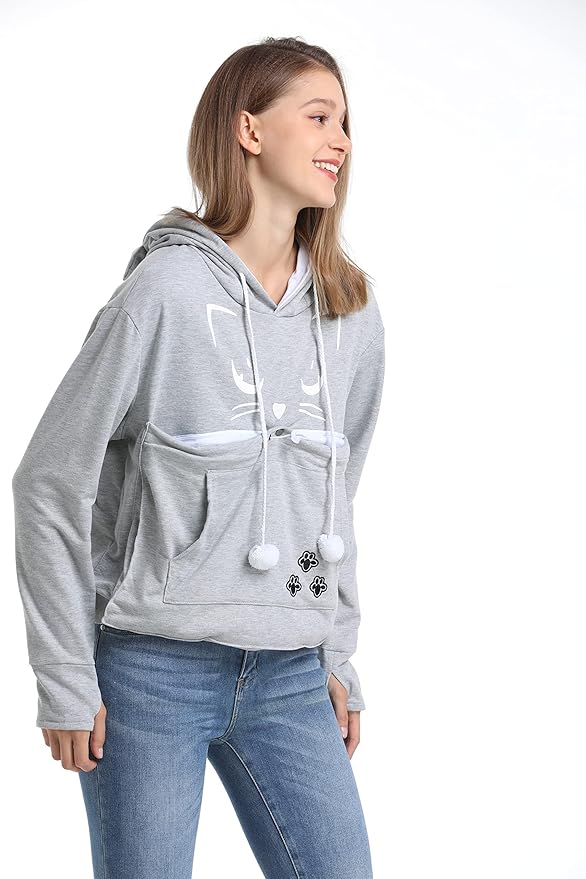 ALYC Unisex Hoodies Pet Holder Cat Dog Kangaroo Pouch Carries Pullover with Cat Printing Sweatshirt (Light Grey, S)
