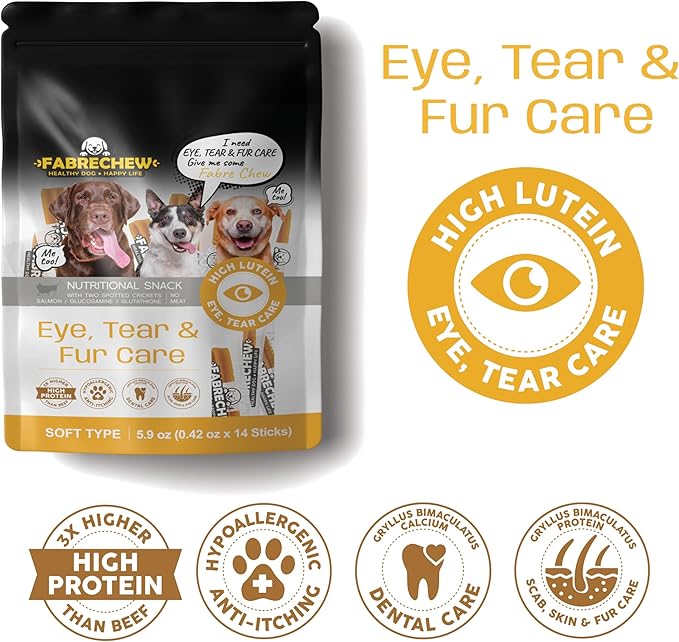 Yellow Eye, Tear Marks & Fur Care Dog Treats – High-Protein Dental Snacks with Cricket & Salmon Protein, Hypoallergenic, Meat Free, Supports Clear Eyes & Healthy Fur, Soft Type (14 Pcs)