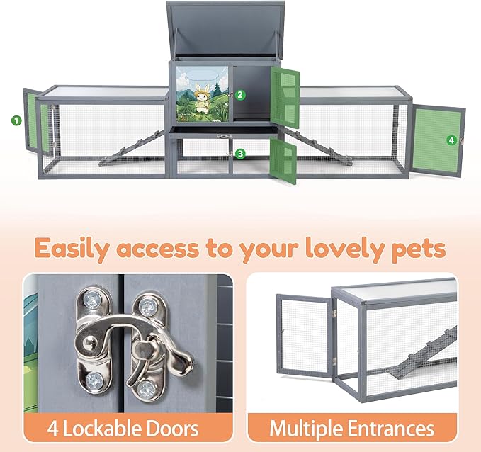 COZIWOW Rabbit Hutch Outdoor, 94.5" Extra Large Bunny Hutch, 2-Story Wooden Rabbit Cage Indoor for 2 or More Bunnies with Pull-Out Tray & Weatherproof Roofs (Grey)