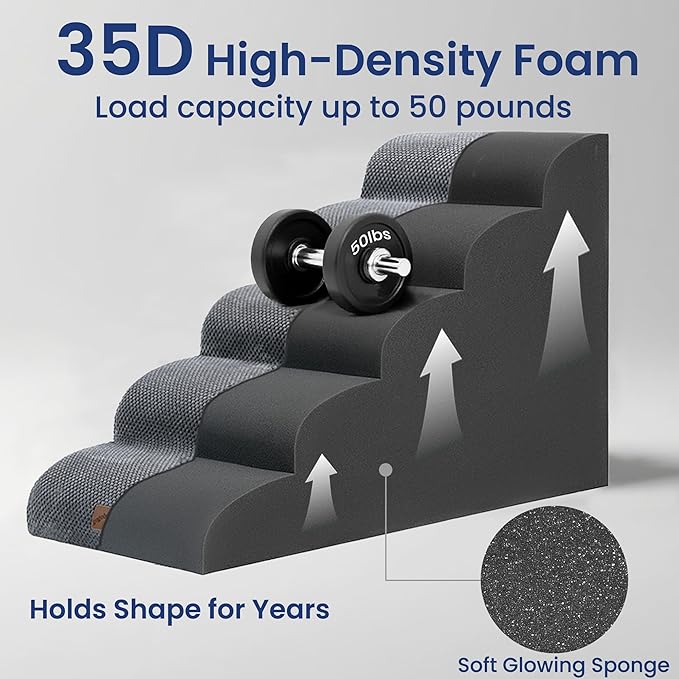 GoGoBunny Ramp Dog Stairs for High Beds 24.4" H, 5-Step Extra Wide Dog Slope Stairs with Durable Waterproof Fabric Cover, Pet Steps for Old Large Dogs Climbing, Non-Slip Sturdy Indoor Step, Grey
