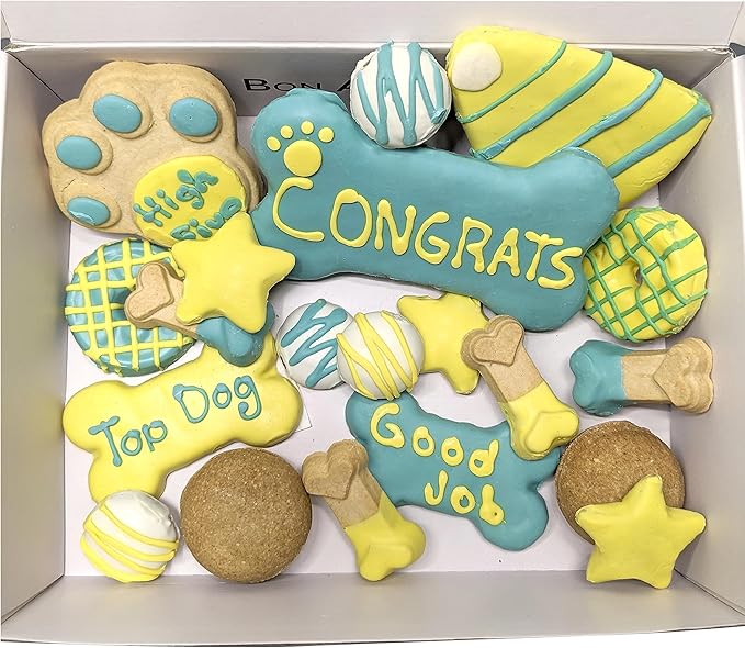 Bonne et Filou Congratulations Dog Treats, Gourmet Gift Box, 20 Luxury Human Grade Macarons, Truffles & Bone Cookies, Healthy Snacks for Medium to Large Dogs