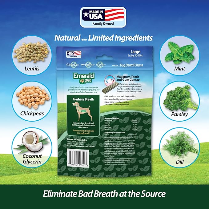 Emerald Pet Fresh Smileezz Dog Dental Treats — Tasty and Chewy Natural Dental Treats for Dogs for Clean Teeth, Fresh Breath, and Healthy Gums — Grain Free Dental Chews — Made in USA — Large, 12.5 Oz
