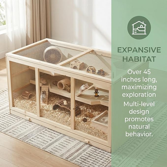 45" Extra Large Wooden Hamster Cage, Hamster Enclosure with Opening Roof & Multi-Levels, Extra Large Natural Habitat, Includes Ramps and Hut for Rabbit, Guinea Pig, Hedgehog Small Pets