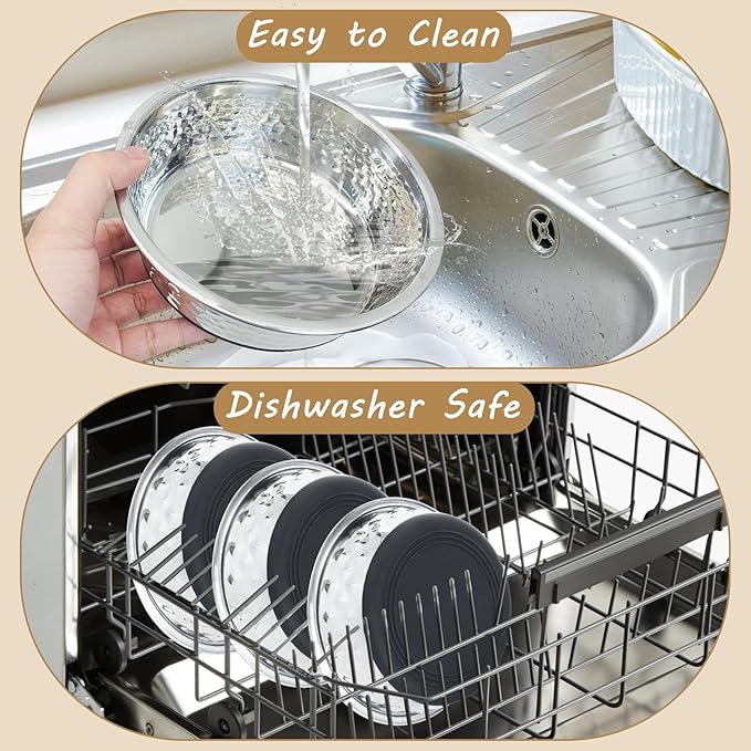 kathson 3PCS Stainless Steel Dog Bowls with Rubber Bottom,Non Slip Cat Bowls Hammered Metal Pet Food and Water Dishes for Kitten Puppy and Small Sized Animals,Dishwasher Safe (5.5in)