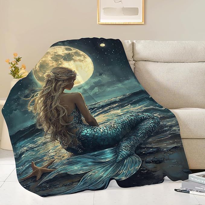 Mermaid Throw Blanket Beach Moon Night Mermaid Stuff Gifts for Kids Girls Boys Adults Women Men Soft Cozy Warm Plush Fluffy Fuzzy Fleece Blanket Decor 40''X50''