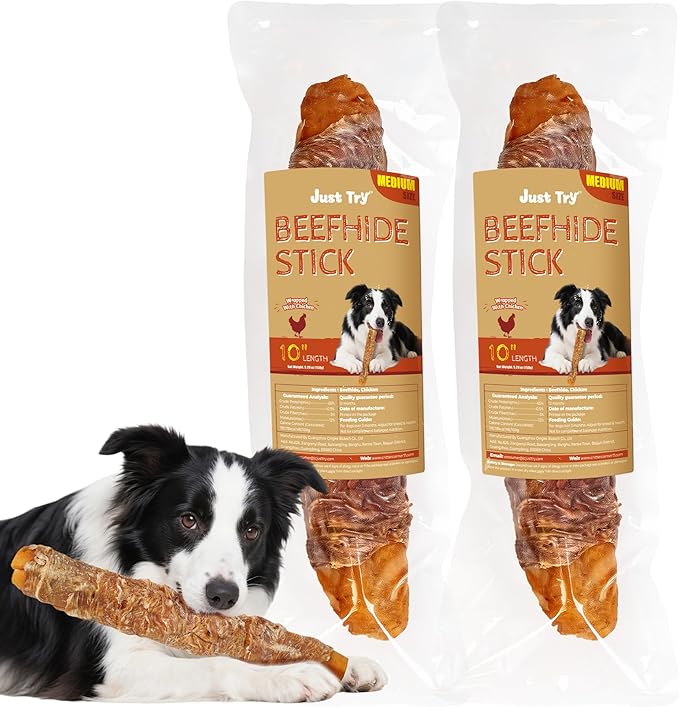 Just Try 2 Pack 10.6" Chicken Wrapped Rawhide Chew Sticks for Dogs - Long Lasting Dog Chews, Healthy Dog Bones Dental Treats for Medium Dogs