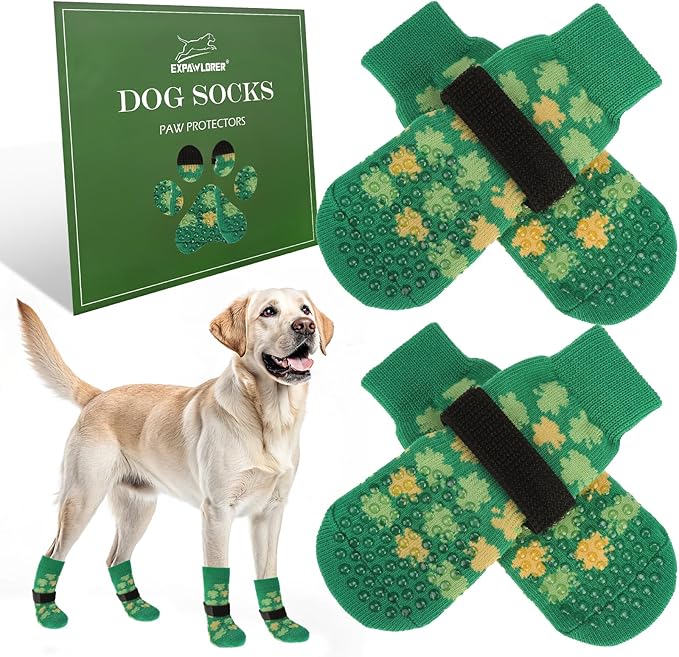 EXPAWLORER Anti Slip Dog Socks to Prevent Licking Paws, Dog Shoes Booties for Small Medium Large Senior Dogs, Traction Control Boots & Paw Protectors for Hardwood Floors St. Patrick's Day Green L