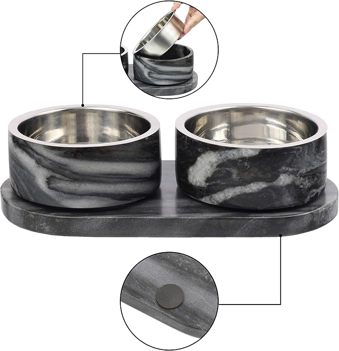 DBL1000D Marbre Small/Medium Modern Weighted Double Marble and Stainless Steel Bowl 12oz (1.5 Cups) Feeder with Non-Slip Marble Tray Set, Black/White