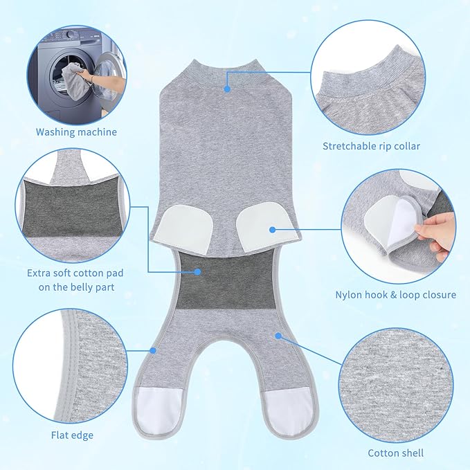 2 Packs Breathable Cotton Dog Recovery Suit for After Neuter Spay Abdominal Wounds Protector, Professional Anti-Licking Onesies for Male Female Pets Surgery Bandages, M Grey Blue Pure