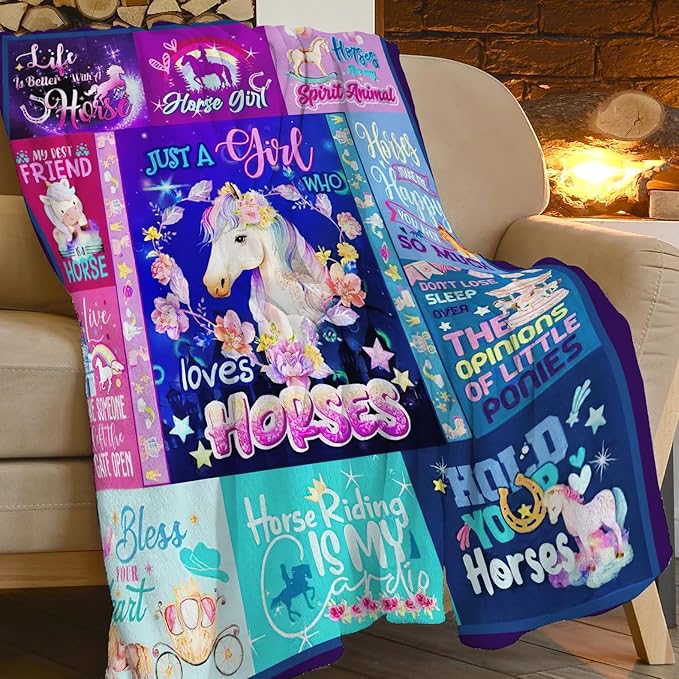 SweetFox Just A Girl Who Loves Horses Blanket, Horse Decor Throw Blanket Gifts for Girls Boys Lovers Super Warm Soft Plush Fleece Flannel Winter Bedding Blankets for Kids Adults Men Women 50"X40"