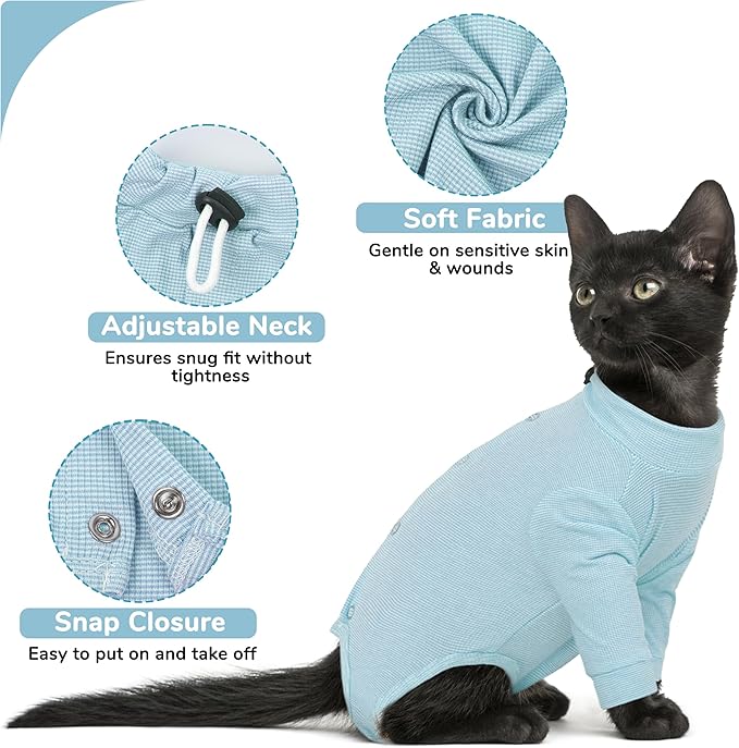 PUMYPOREITY Adjustable Cat Recovery Shirt, Front Leg Injury Suit, Stretchable & Comfortable, Anti-Licking Long Sleeve Wound Cover, Prevents Scratching & Biting, Machine Washable, Blue, S