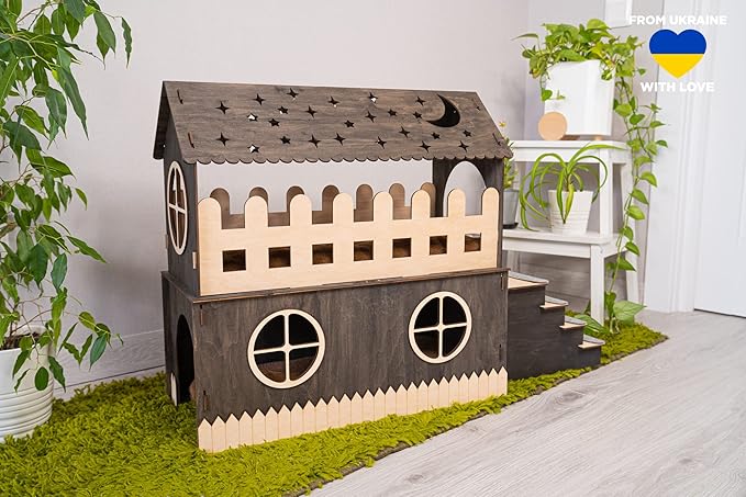 Wooden rabbit house, bunny сastle with pillow, Add your pet's name for FREE (Add 1 pillow)