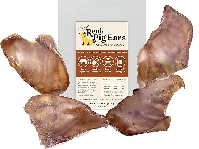 All Natural Pig Ears for Dogs – Single Ingredient, Individually Wrapped for Freshness & Odor Control – Long Lasting Rawhide Alternative Chews, Healthy Dog Treats for Medium & Large Dogs (4 Pack)