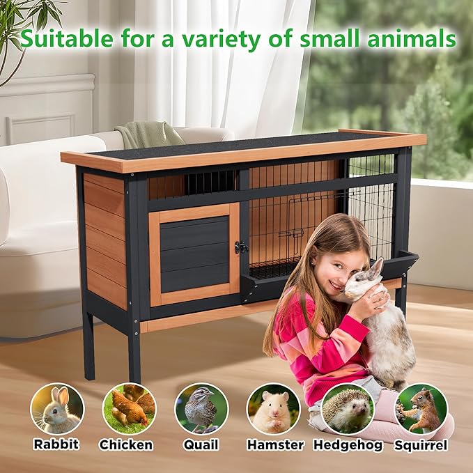Wooden Rabbit Hutch Elevated Bunny Cage Indoor Outdoor, 43.3" Small Animal House with No Leak Tray Feeding Trough and Openable Asphalt Roof for Guinea Pigs Quails Ducks & Hedgehogs (Brown)