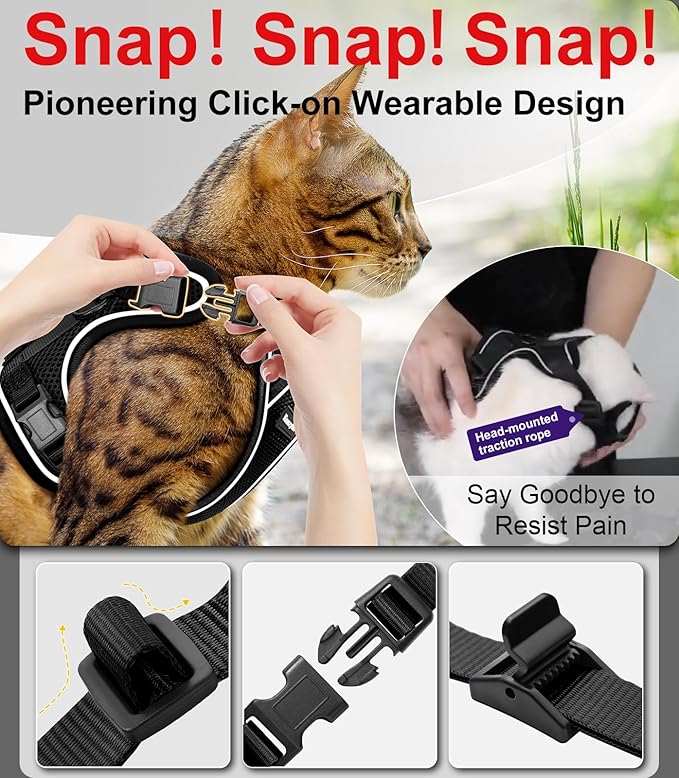 Cat Harness and Leash for Walking Escape Proof Soft Adjustable Cat Leash Breathable Comfortable Vest Easy to Wear Kitten Harness for Outdoor Travel (Black, M (13-18lb))