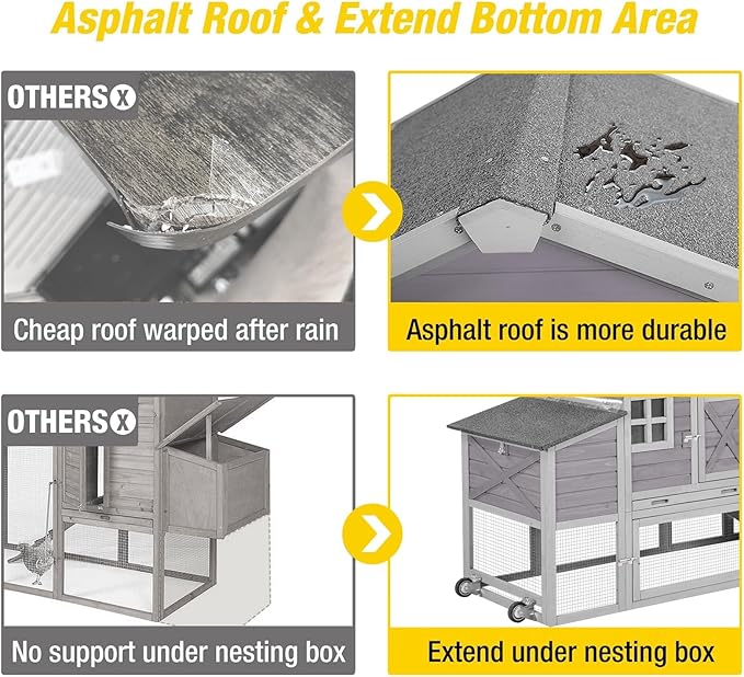 Aivituvin Chicken Coop Mobile Chicken House on Wheels, Rabbit Hutch Bunny Cage Expandable Wooden Poultry Cage with Large Nesting Box Leakproof Pull-Out Tray,UV-Resistant Roof (Grey)