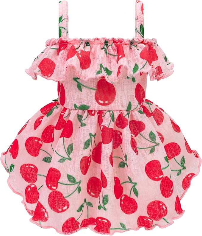 Fitwarm Cherry Dress, Clothes for Small Dogs Girl, Ruffled Hawaiian Pet Outfit, Female, Pink, Red, Medium
