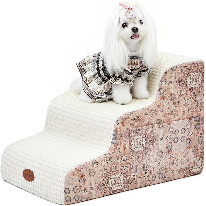 Woochpet 15.7” H Ramp Dog Stairs for Small Dogs, Printed Fabric 3 Tier Wider Curved Pet Stairs for Couch and Beds，Non-Slip Bottom for Old Cats with High-Density Foam and Washable Cover