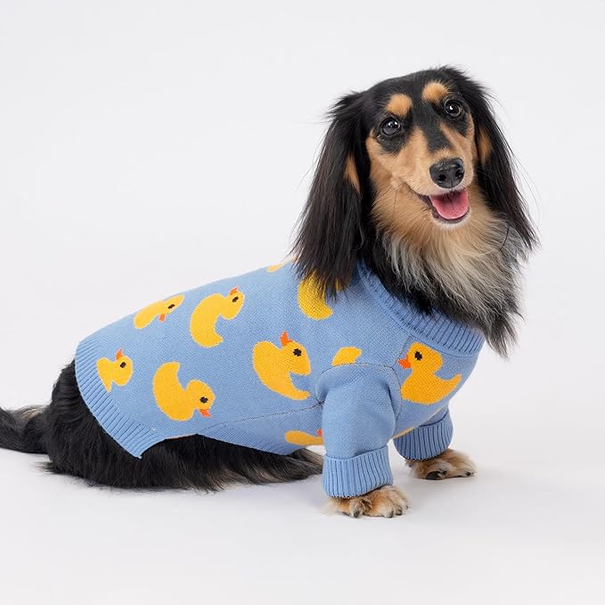 Fitwarm Funny Duck Dog Sweater, Thermal Dog Winter Clothes for Small Dogs Boy Girl, Pet Outfit, Blue, Yellow, Large