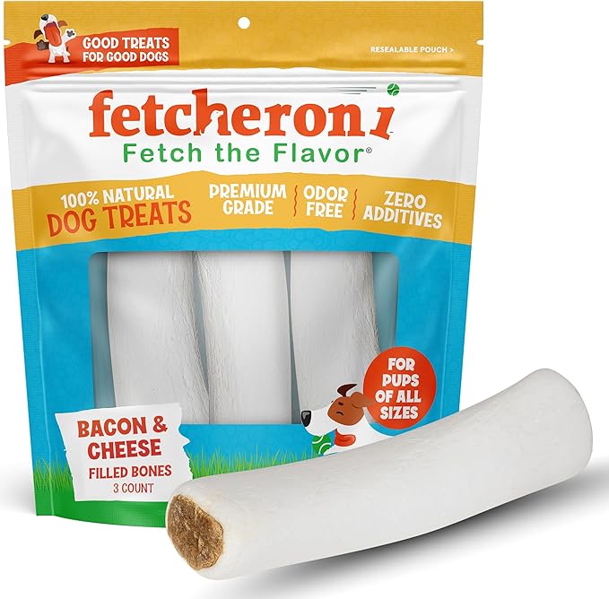 Bacon & Cheese Stuffed Dog Bones - 5-6 Inch Long Shin Treats - Healthy, Natural Dental Snack for Pets - 3 Pack