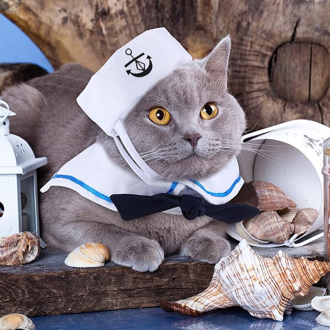 Weewooday 5 Pcs Halloween Cat Sailor Costume Set Captain Hat for Dog Cat Sailor Hat Small Pet Tie Collar Necktie Sunglasses Navy Costume Outfit for Puppy Kitten Halloween Cosplay Parties Photo Props
