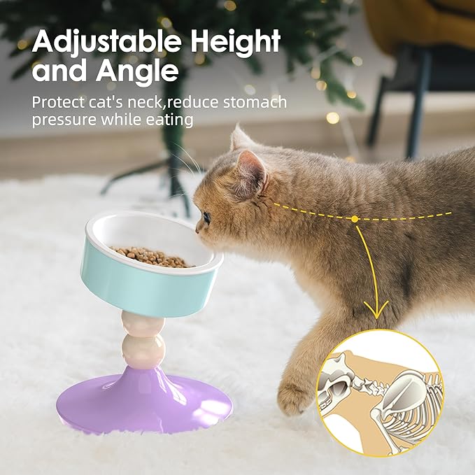 Ceramic Elevated Raised Cat Bowls,3 Heights Adjustable Raised Dog Bowl Stand for Indoor Cats and Small Dogs,15° Tilted Cat Food Feeding Dishes，Adjusts to 4.69", 5.98", 7.28" (Pink & White)