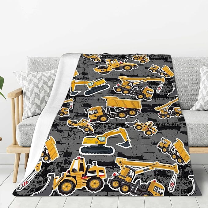 Construction Blanket, Excavator Throw Blankets, Construction Truck Gifts for Boys Girls Men Women Lover Adult Cozy Fleece Flannel Bedding Stuff Plush for Couch Sofa Bed Decor 60"X50"