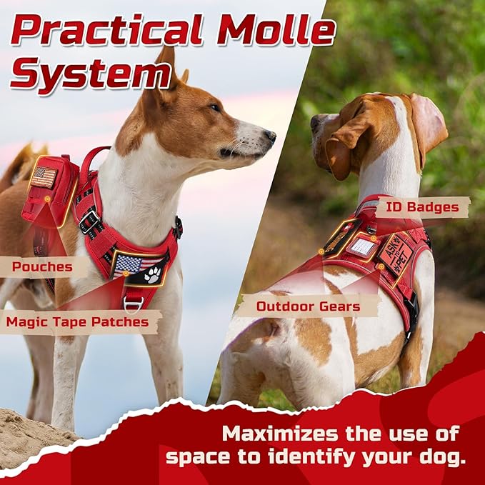 rabbitgoo Tactical Dog Harness for Large Dogs, No Pull Military Service Vest with Handle & Molle, Easy Control for Training Walking, Adjustable Reflective Straps, Red, XL
