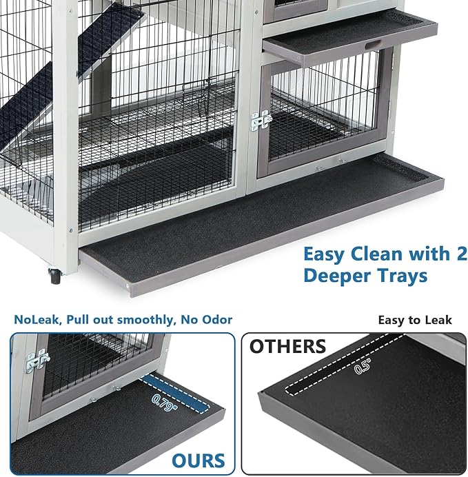 FunXplore 2-Tier Rabbit Hutch, Indoor & Outdoor Mobile Bunny Cage with Urine Guards, Weatherproof Asphalt Roof, 2 Pull Out Trays, Sturdy Small Animal Cage for Guinea Pig