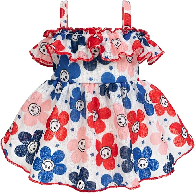 Fitwarm Patriotic Floral Smiley Face Dog Dress, 4th of July Outfit for Small Dogs Girl, Festive Pet Clothes, Red, White, Blue, Pink, Small