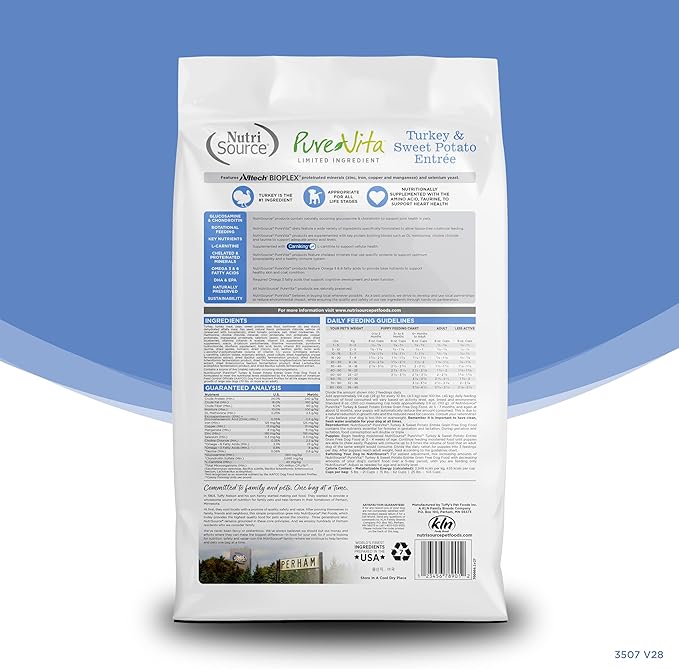 NutriSource Pure Vita Limited Ingredient Grain Free Dry Dog Food, Turkey and Sweet Potato, 12LB