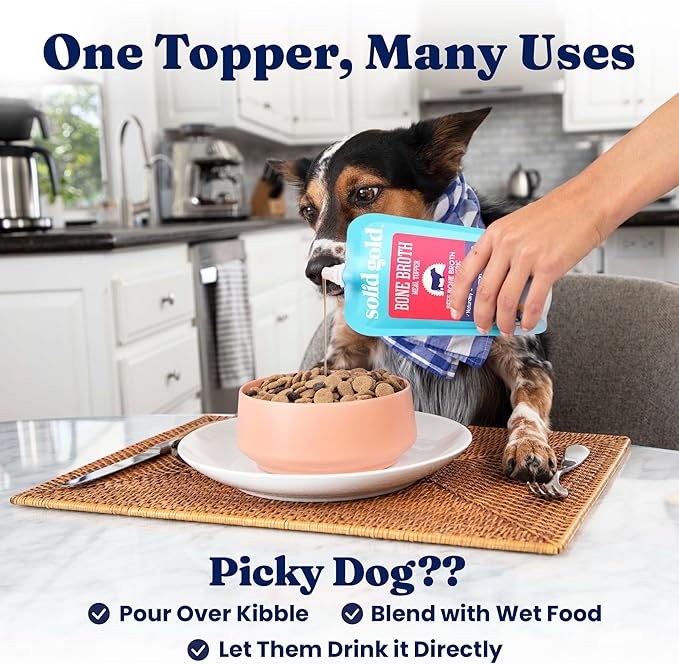 Solid Gold Beef Bone Broth for Dogs - Grain Free Dog Food Topper Rich in Collagen and Superfoods - Nutrient Dense Dog Gravy Topper for Dry Food - Promotes Gut Health and Hydration - Single