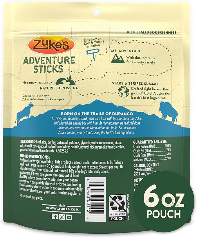 Zukes Adventure Sticks Beef and Bison Dog Treats, Natural Dog Treat Sticks - 6 oz. Pouch