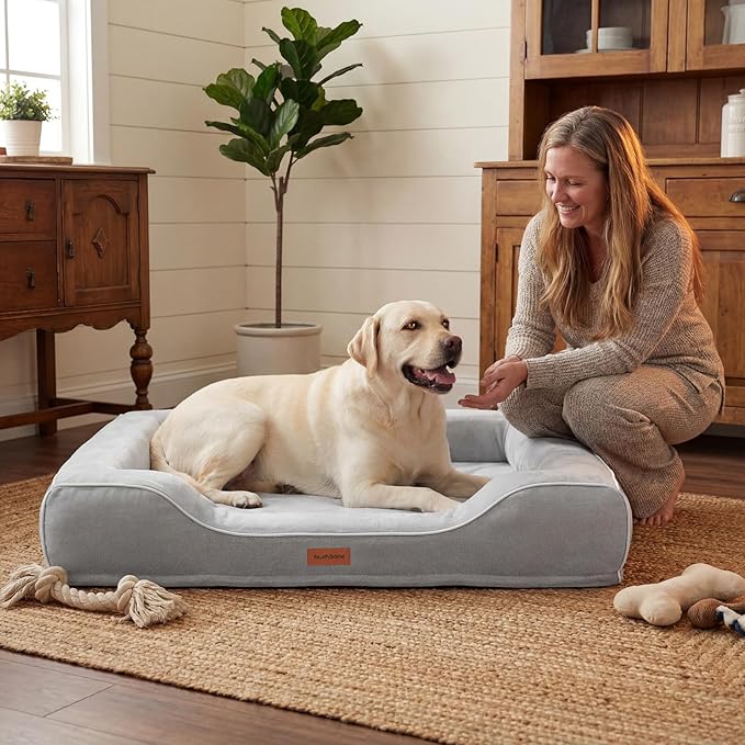 XL Orthopedic Dog Bed for Large Dogs Cooling Gel Memory Foam & Egg Crate Foam,Waterproof Removable Washable Cover with Bolster Sides,42.0"X30.0"X9.0" Grey