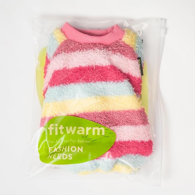 Fitwarm Fuzzy Striped Dog Fleece Pajamas, Warm Winter Clothes for Small Dogs Girl, Cozy Pet Outfit with Feet, Pink, Red, Yellow, Small