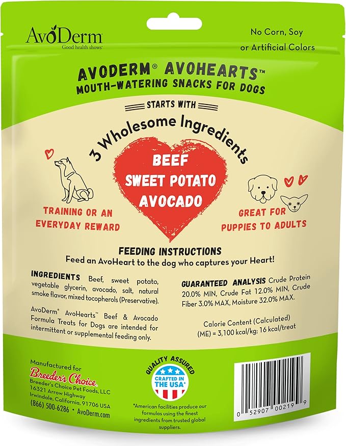 AvoDerm AvoHearts Beef and Avocado Formula Dog Treats, 5oz Bag