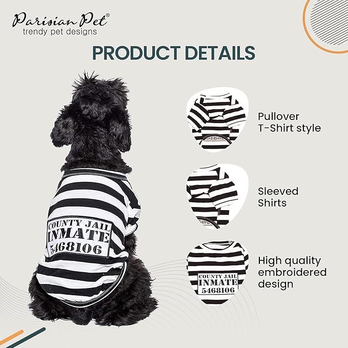 Parisian Pet Prisoner Dog Costume - 100% Cotton Striped Dog Clothes for Medium Dogs - Lightweight Puppy Outfits - Funny Schitzu Clothes - Sleeved Shirt for Dogs - Stretchy and Stylish Pet Costume