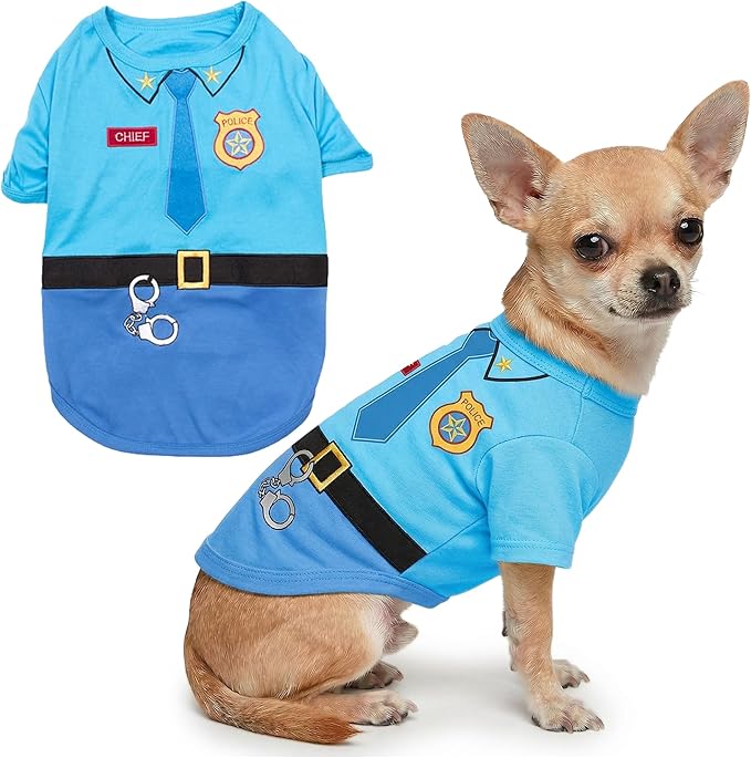 Parisian Pet Police Dog Costume - 100% Cotton Blue Dog Clothes for Small Dogs - Lightweight Puppy Outfits - Funny Chihuahua Clothes - Cute Cop Uniform Pet Shirt - Stretchy T Shirt for Dogs