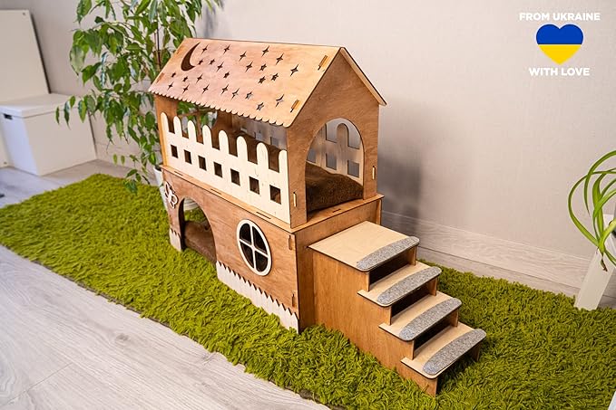 Wooden rabbit house, bunny сastle with pillow, Add your pet's name for FREE (Add 1 pillow)
