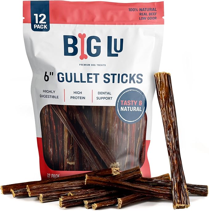 Big Lu - 6-Inch Beef Jerky Sticks for Dogs, 12 Count, All-Natural Beef Gullet, Grass-Fed Jerky Chews, Fully Digestible, High-Protein Treats with Glucosamine and Chondroitin for Joint Health