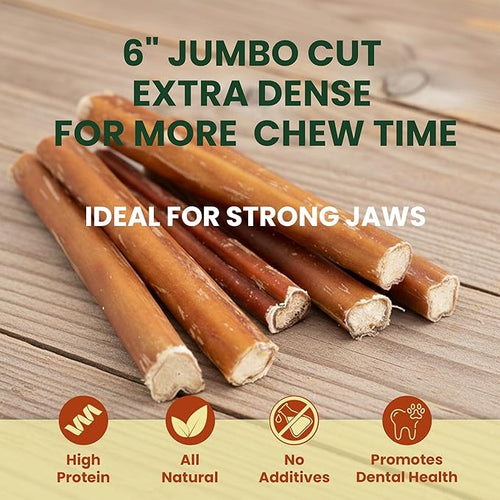 12 Pack 6 Inch Extra Thick Bully Sticks for Aggressive Chewers – 100% Beef Pizzle, Single Ingredient Rawhide-Free Dental Chews, Long Lasting Natural Dog Treats for Large Dogs