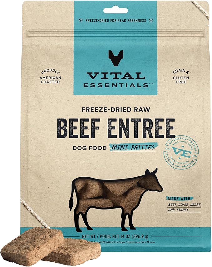 Vital Essentials Freeze Dried Dog Food, Raw Beef Mini Patties | Complete Meal or Topper | High Protein, Grain Free Dry Dog Food | 14 oz Bag