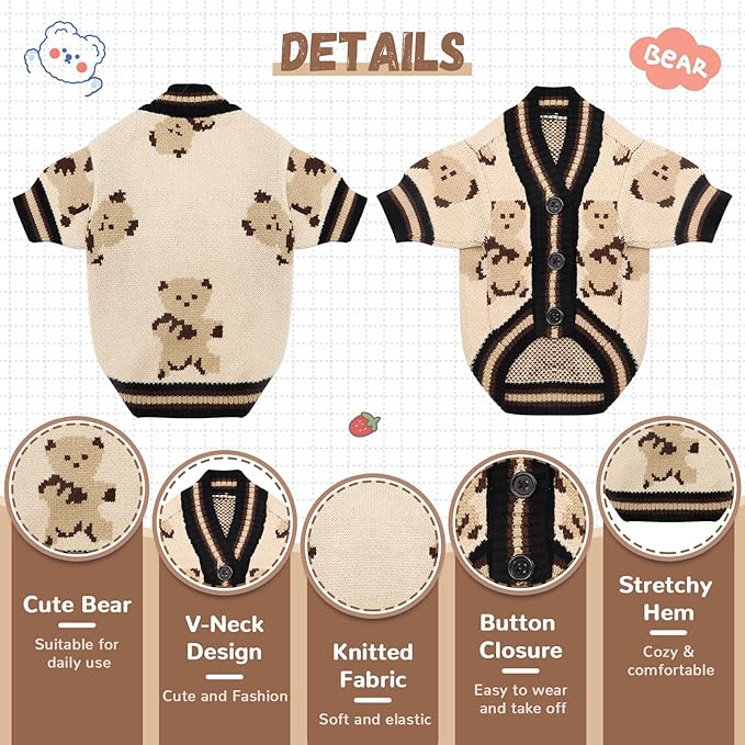 Small Dog Sweaters Cute Bear Dog Cardigans Clothes for Small Medium Dogs Boy Girl Puppy Cat Knitting Cardigan Outfits Dogs Autumn Coats Warm Pet Doggy Clothes Soft Knitwear Apparel (Beige,L)