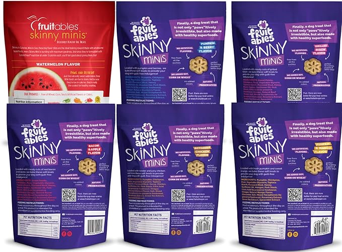 Fruitables Soft and Chewy Skinny Minis Grain Free Dog Training Treats Variety Pack of 6-1 of Each Flavor