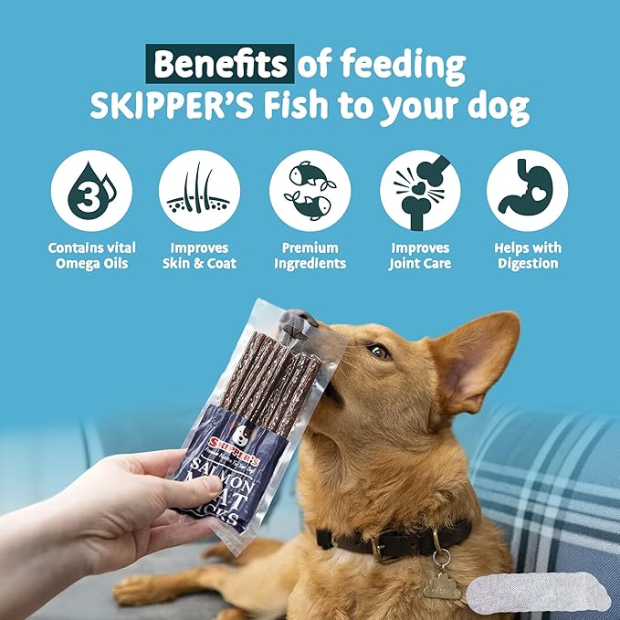 SKIPPER'S Salmon Meat Sticks Dog Treats - 100% Natural & Gently Air-Dried, Soft & Chewy Sticks for Dogs, Essential Source of Omega 3 Fatty Acids, Great for Skin & Coat | (1.76 oz)