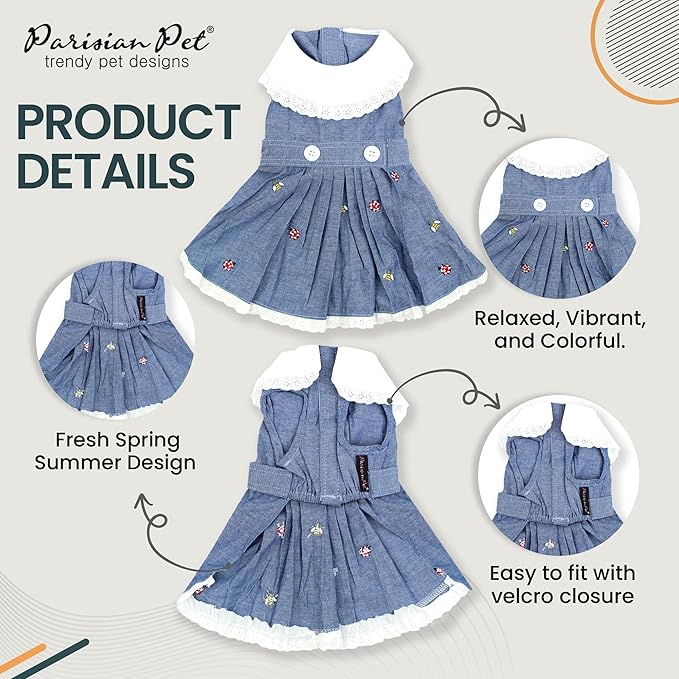 Parisian Pet Dog Overall Dress - Spring Summer Clothes for Large Dogs Girl - Floral Denim Pet Dress - Stylish Dog Outfit - Lightweight and Breathable Puppy Clothes - Sleeveless Dresses for Dogs