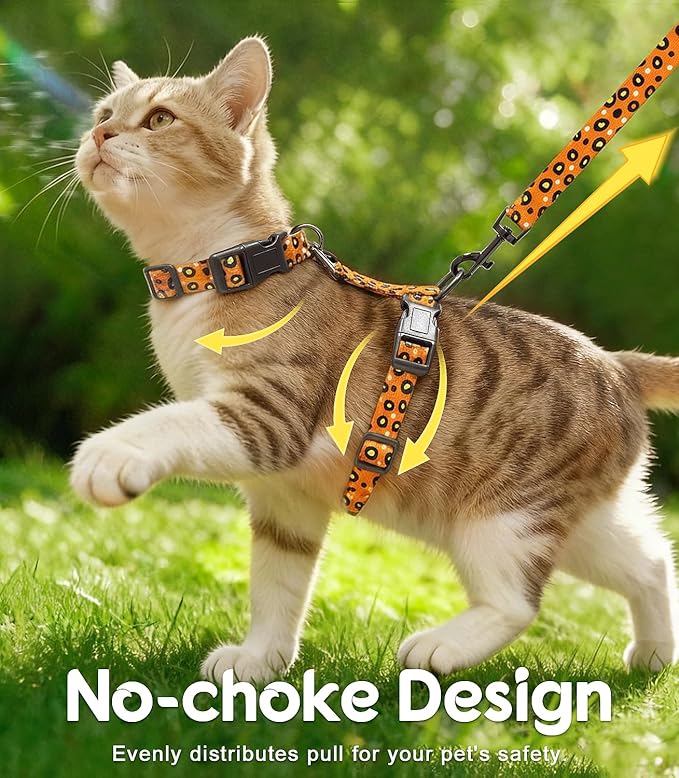 Halypet Cat Harness and Leash Set, Escape Proof 3-in-1 Adjustable Harness for Cats & Kitten, Soft Lightweight, Easy On & Control for Walking, Travel & Outdoor Use, Vibrant Leopard Orange, Medium