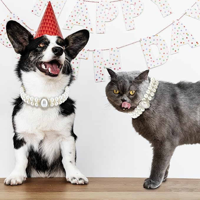 KUDES Small Dog Cat Big Pearl Collars with Crystal Rhinestone Diamond Décor, Adjustable Cute Fashion Pet PU Leather Necklace for Wedding Birthday Party (White, L(12"-14.5") for Small Dogs)
