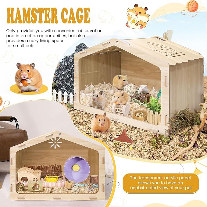 Wood Hamster Cage, 15.7×11.8×11.8in House-Shaped Hamster Enclosure with Transparent Design, Small Pet House for Dwarf Hamsters, Gerbils and Baby Fancy Rats, Gerbil Accessories (15.7×11.8×11.8 in)